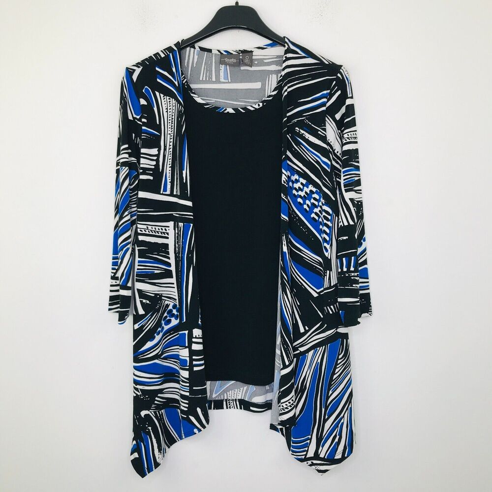 Chico's Travelers 0 Women's 4 Cardigan Shirt Black Blue Layered 3/4 Sleeve BX18